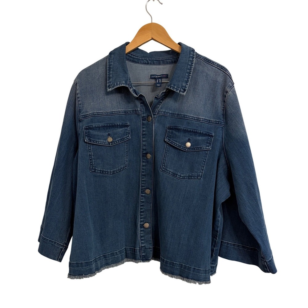 Isaac Mizrahi Live Womens Blue Denim Swing Jacket Frayed Hem Size 24W